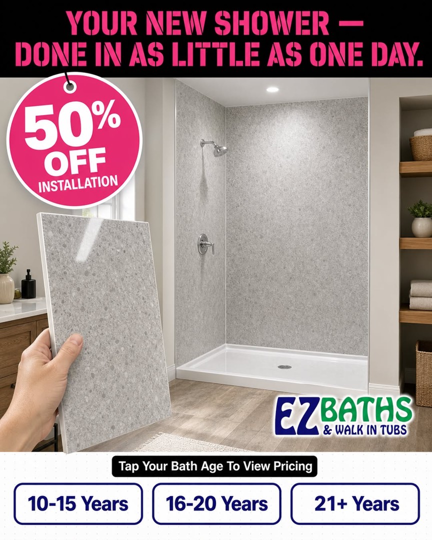 EZ Baths static: product close-up, one-day shower