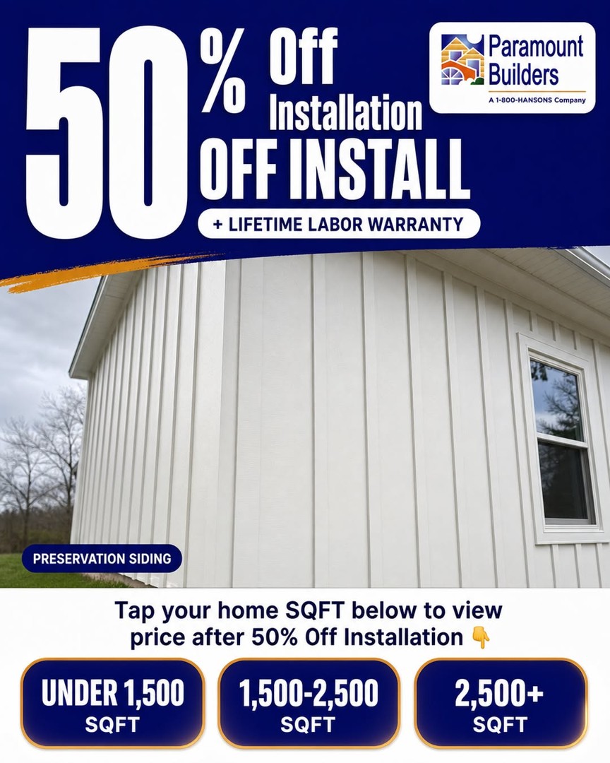 Paramount Builders siding static: bold offer band